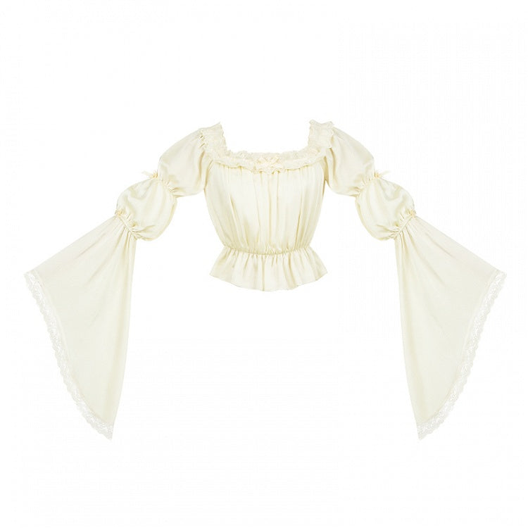 Ärmel Bell Marie Manschetten Beige Bluse Ausschnitt elastisch