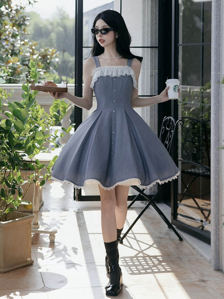 Fit Fashion Waist Lolita Gray Dress Elegant Slim