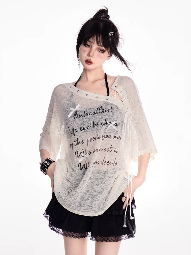 Apricot Lace-up Asymmetrical Neckline Letter Print Semi-sheer