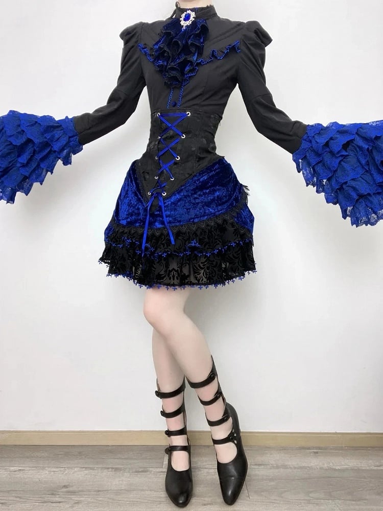 Boned Lolita Waist Tie Shirt Skirt Set Hat Black Gothic Jabot Long Sleeves High + - and Mini Blue Bell Klein Full