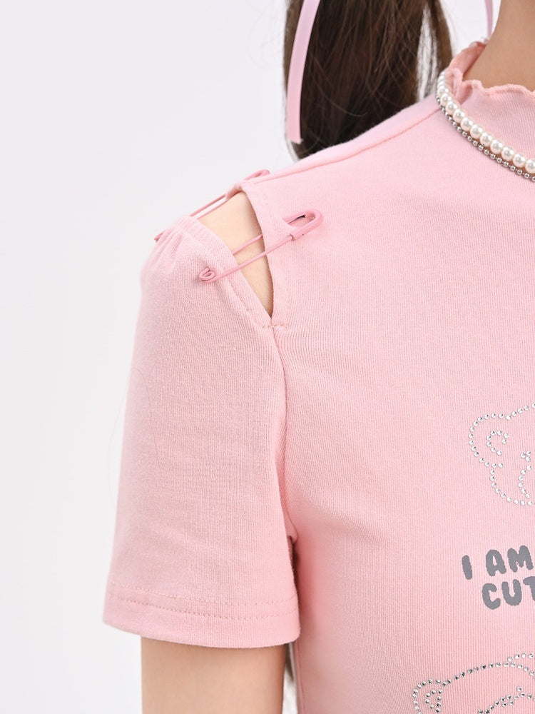 T-Shirt Hem Curved Pink Ruffle Neckline Teddy Bear Rhinestones Bowknot Accents