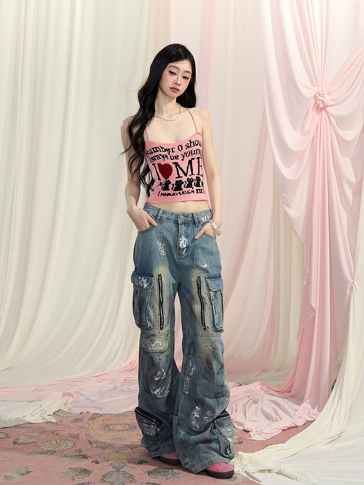 Letter Cropped Top Print Glamorous Pink/Black/Apricot Halter Neck