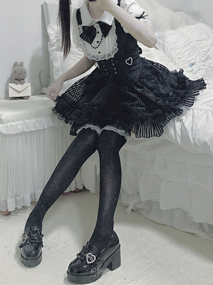 Belt Corset Stripes Skirt Waist Puffy Dress Layered Black Jirai Kei White and Lace-up with Three High