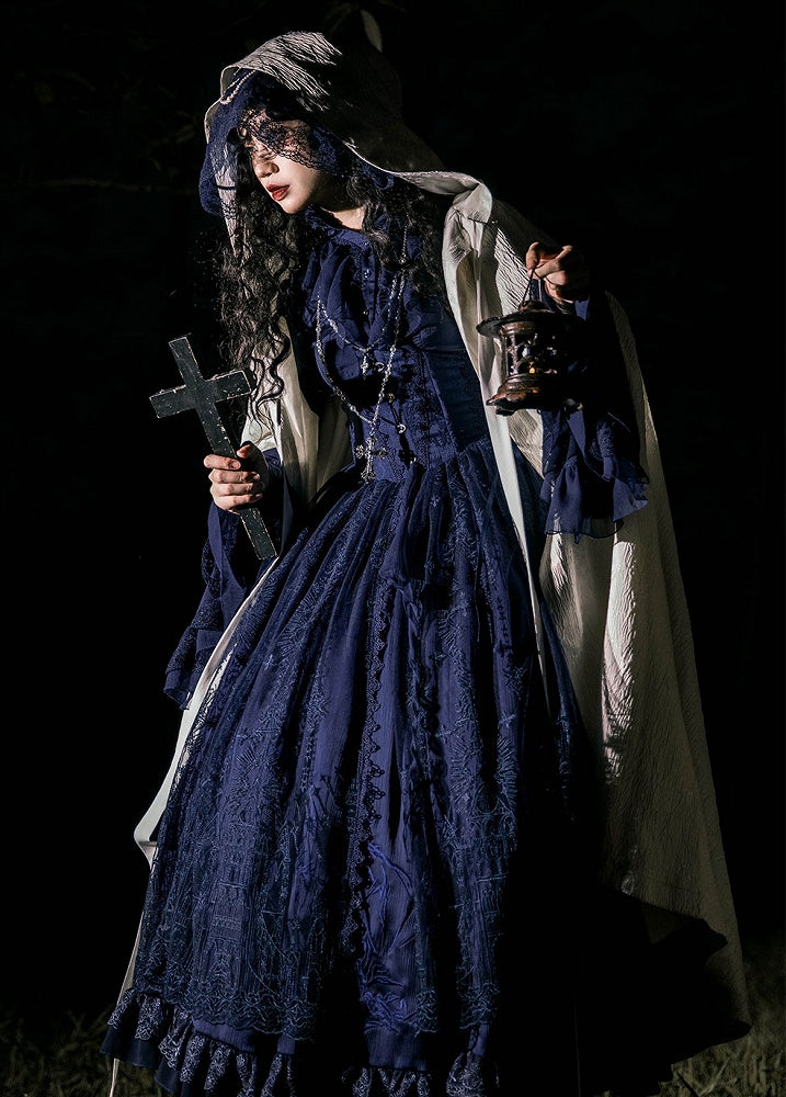 Dark Blue Dragon Bone Embroidery Drawstring Design Gothic Lolita Skirt