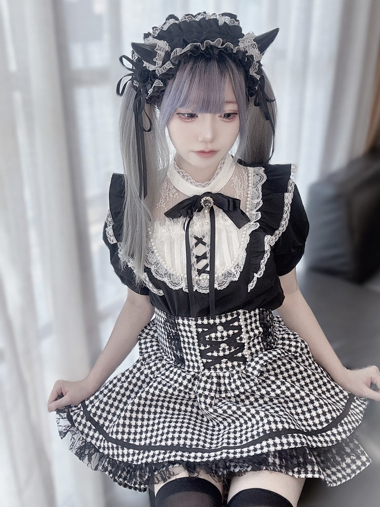 / Lace Trim with Bead Details White Plaid Blouse Jirai Kei Illusion Neckline Black