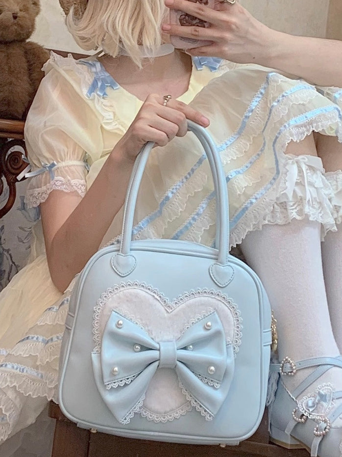 Heart Lolita Sweet Hand Plush Decorated Bowknot Blue Beaded Bag