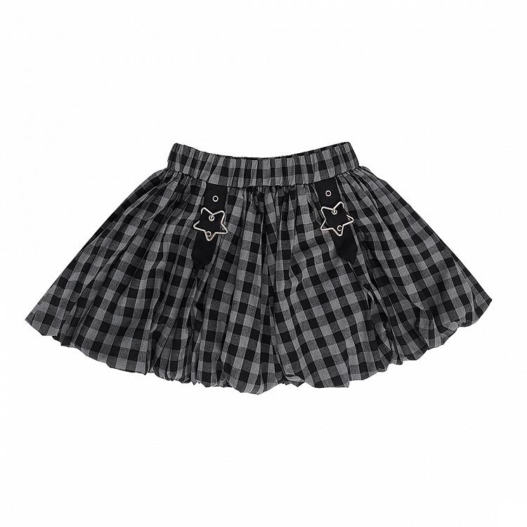 Plaid Bubble Skirt Y2K Gray / Red Star Buckles Black Black