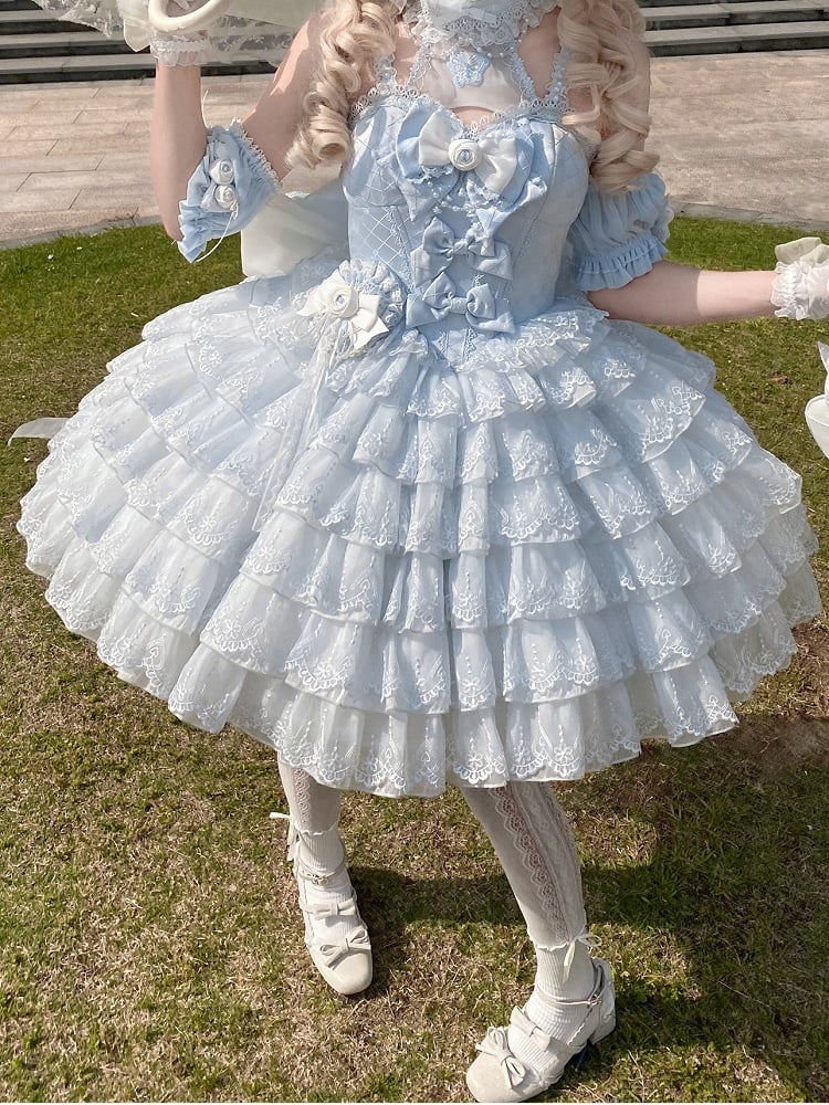 Prinzessin Neck Saum Rüschen Neckholder Balletcore Lolita Lagenkleid Blau mit