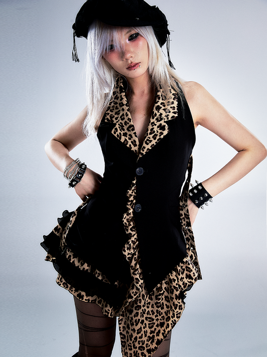 Saum Schwarz Print Asymmetrisch mit Leopard Top Neckholder Rüschen Hals Vintage