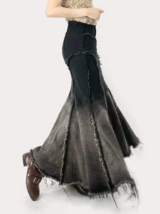 Millard Fashion Gradient Black Distress Trim Denim Mermaid Skirt