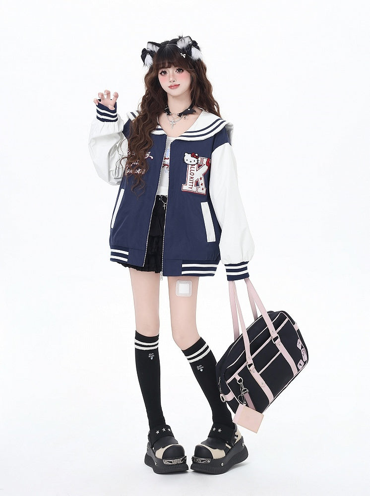 Marineblau/graue Baseballjacke mit Matrosenkragen und Kätzchenstickerei