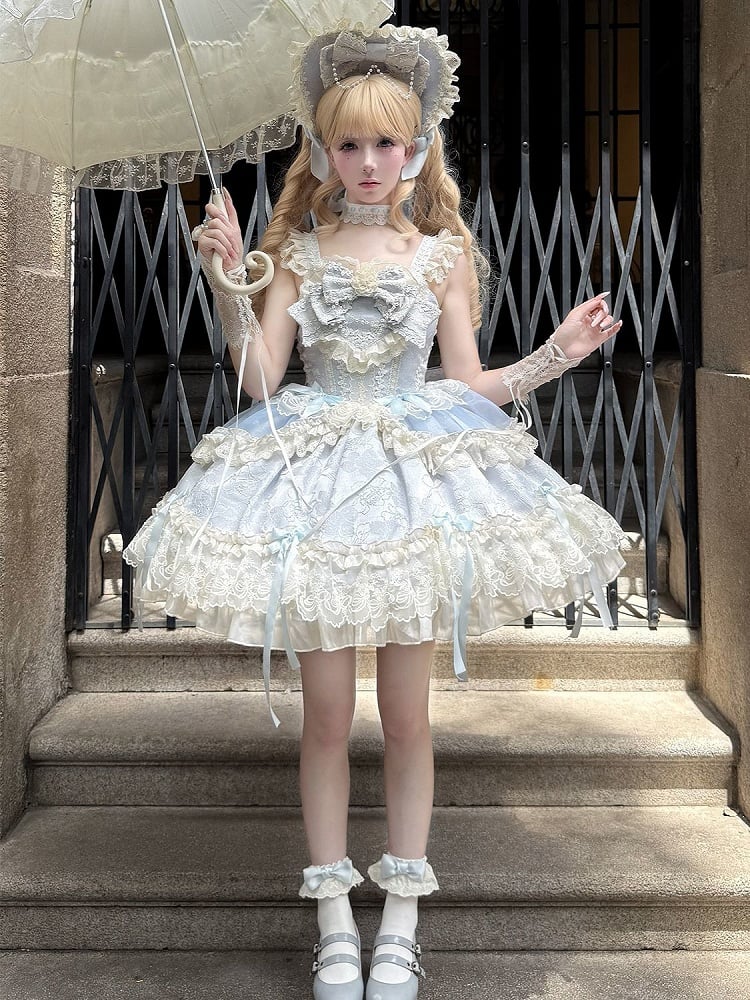 Lolita Dress Jumper Fabric Jacquard Bow Skirt Sweet Blue Accents