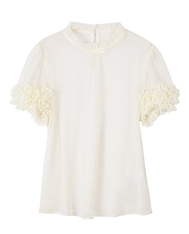Cremefarbene, transparente Bluse mit Rüschenausschnitt und kurzen Ärmeln