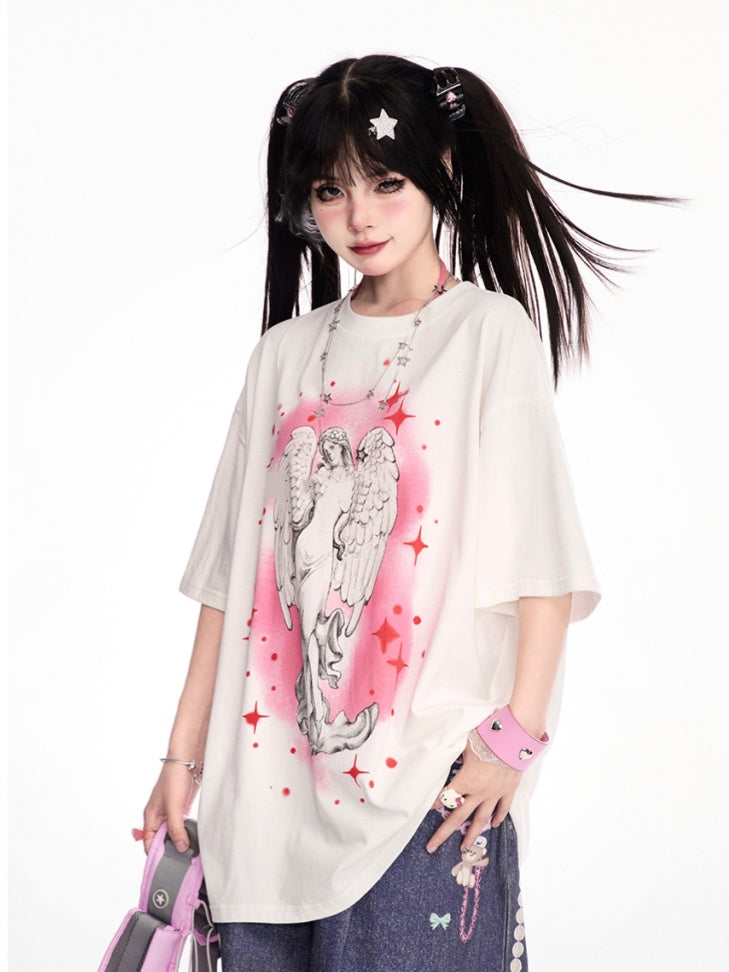 Print Loose White Round Neck Angel T-Shirt Statue