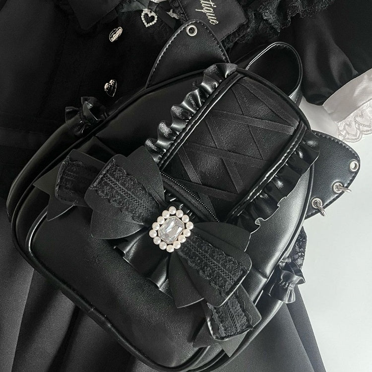 Black Kei Cat Ear Backpack With Beaded and Rhinestone Bow Jirai