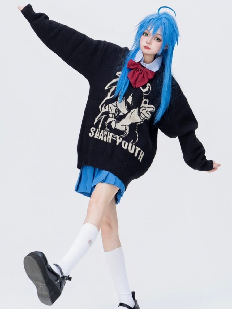Cartoon Girl Knitted Print And Letter Sweater Black
