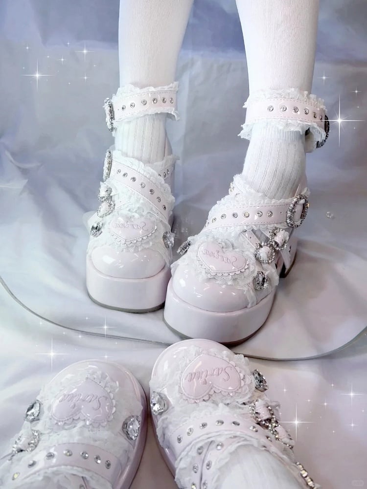 Rhinestone Decor Block Platform Heel with Heels: - Buckle Straps Kei Criss-Cross Pink Chunky Lace High Jirai