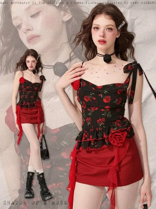 ブラックフローラルプリントフリルヘムキャミトップ