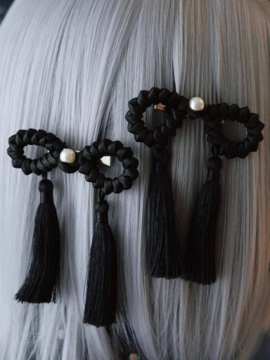 Black Gothic Design Tassels Hairclips Decorated Beaded Bowknot