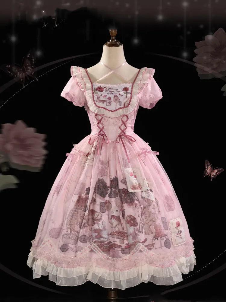 Waist Scalloped Pink Trim Bunny Edge Princess Dress Skirt Lolita Print Ruffle Basque