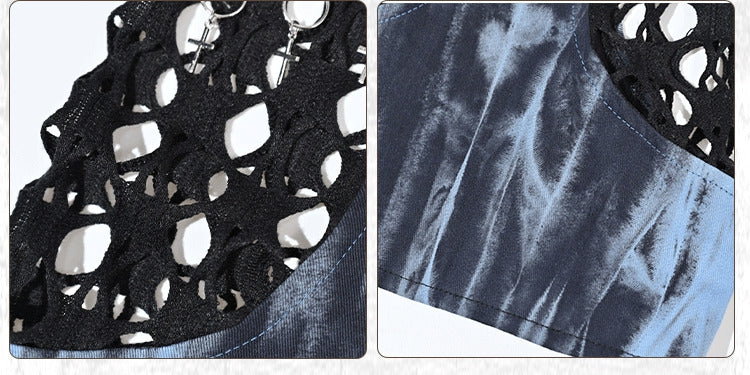 Grunge Punk Rock Mesh Patchwork Blau und Schwarz Tie Dye Beinwärmer Riemen mit Ketten