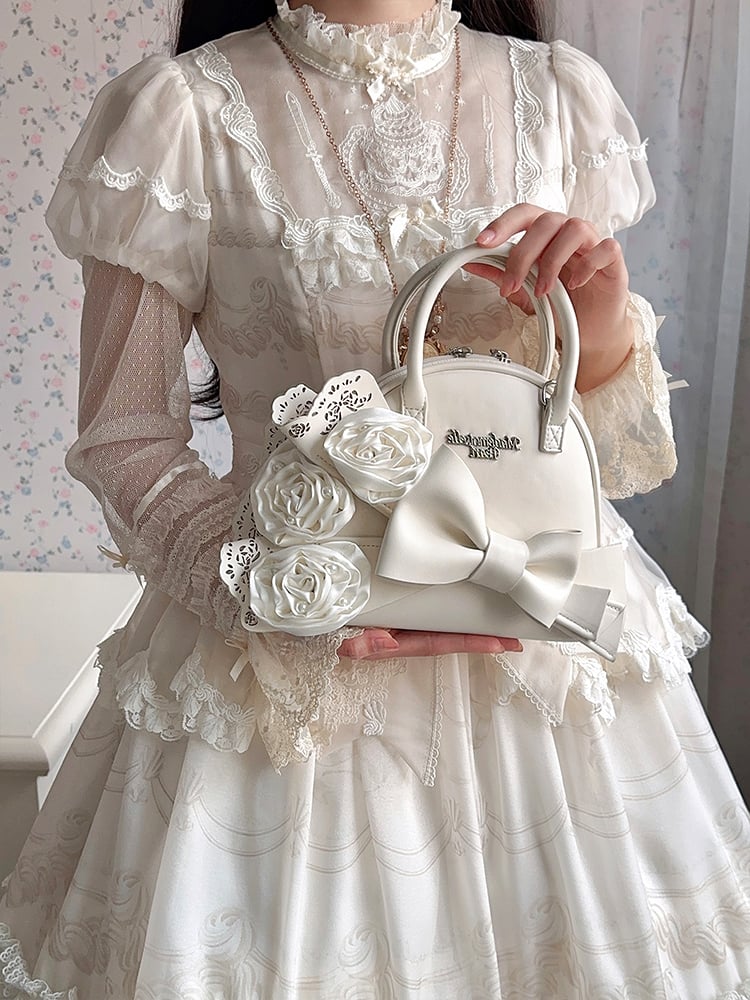 Big Creamy Bowknot Shell White Roses Bag