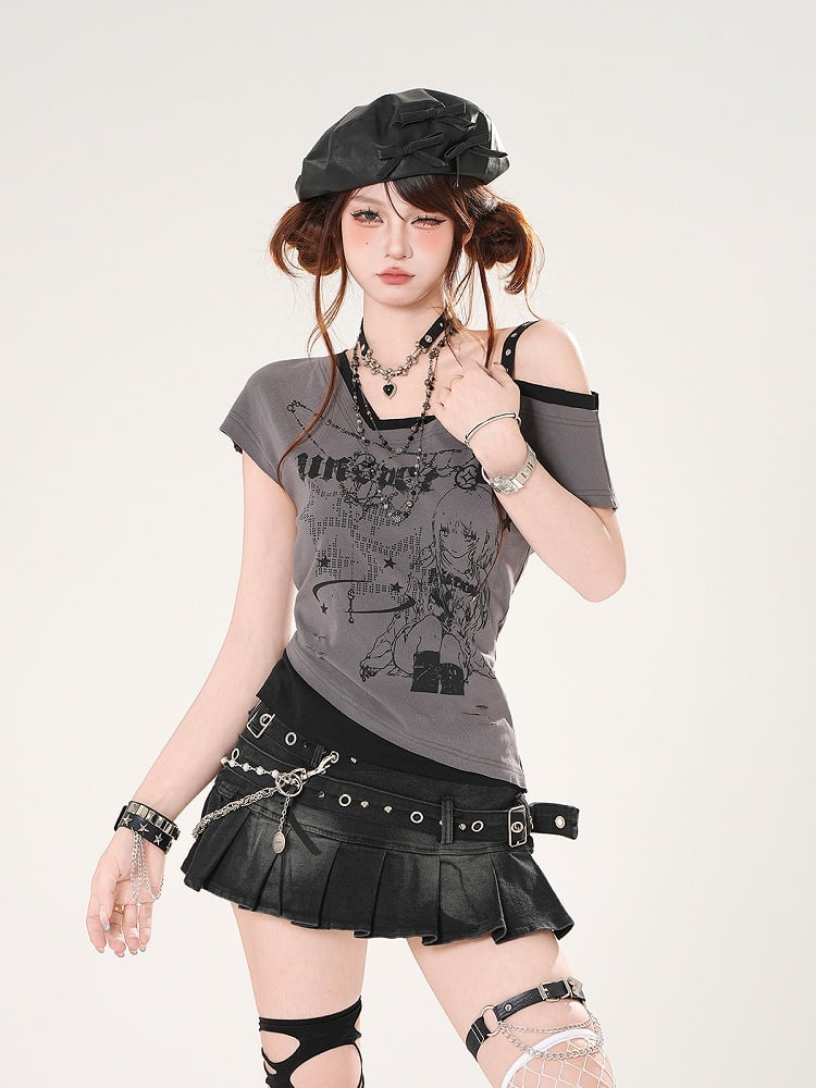 T-Shirt mit asymmetrischem Ausschnitt und schmaler Passform, Anime-Mädchen-Print, Grau/Weiß