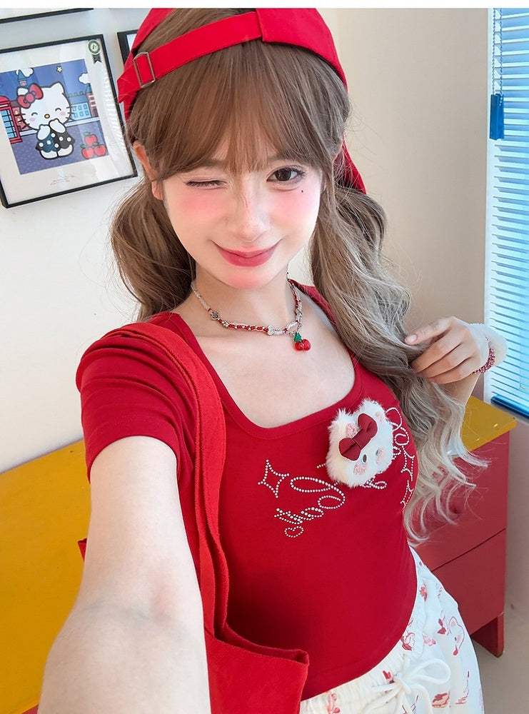 Details T-Shirt with Detachable Kitty Plushie Neck Rhinestone Red Square