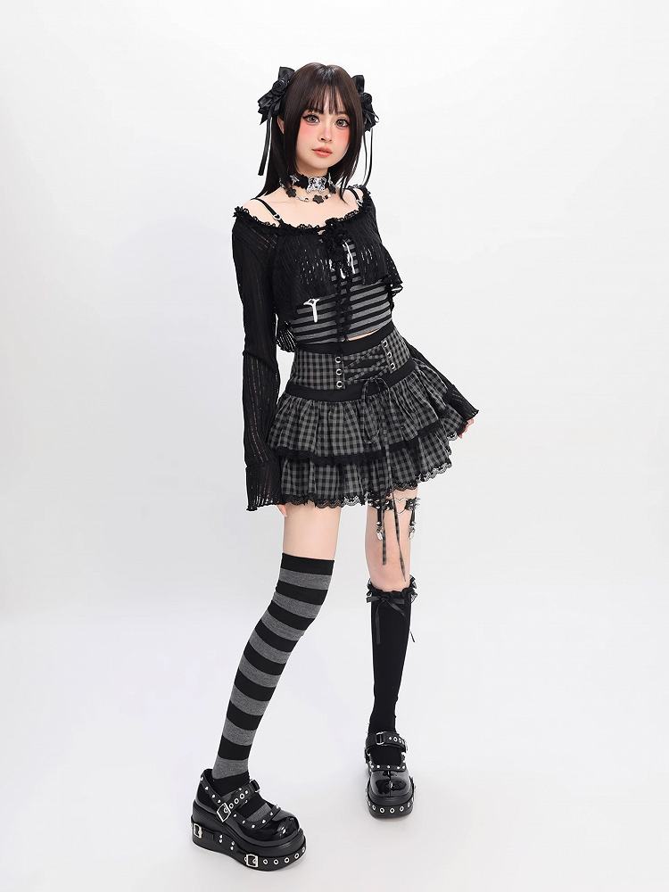 Self-tie Y2K Striped Cami Top with Black Cropped Coverup Set