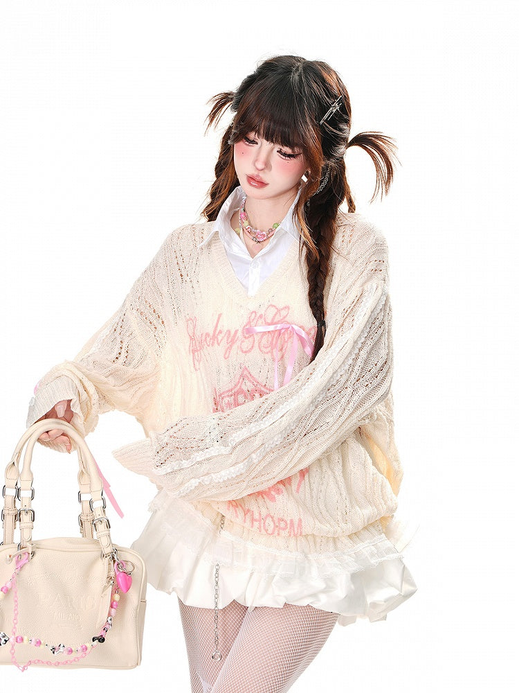 Apricot/Black Semi-sheer Polo Collar Sun Protection Hollow-out Top Faux