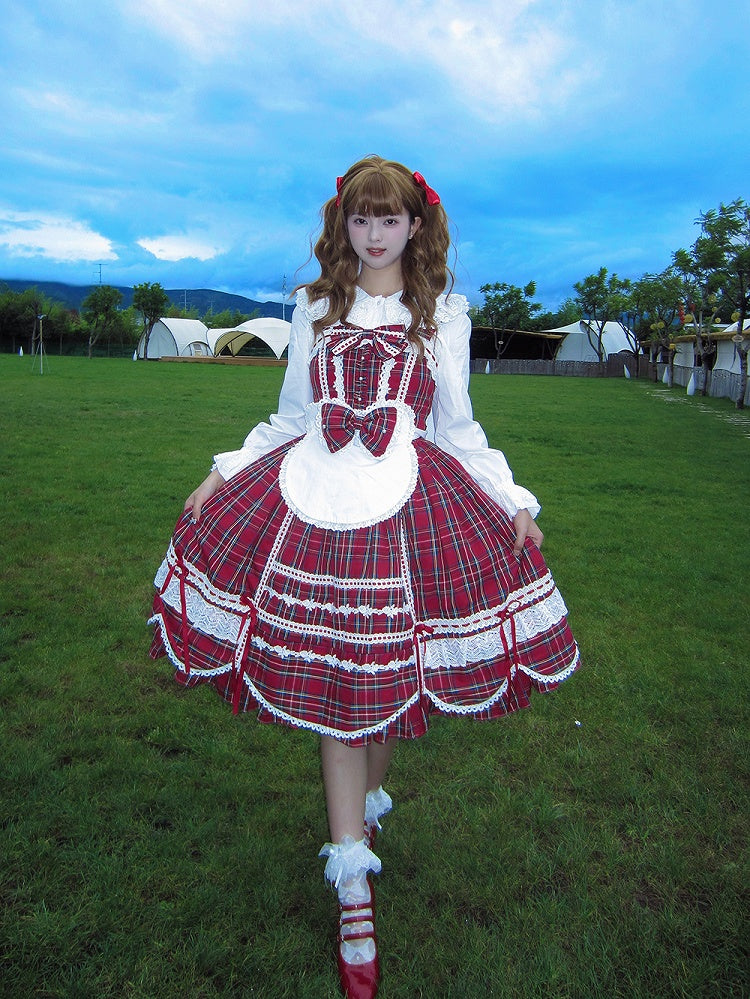 with Accents Skirt Scalloped Jumper Sweet Plaid Lolita Bow Edge Red Trim