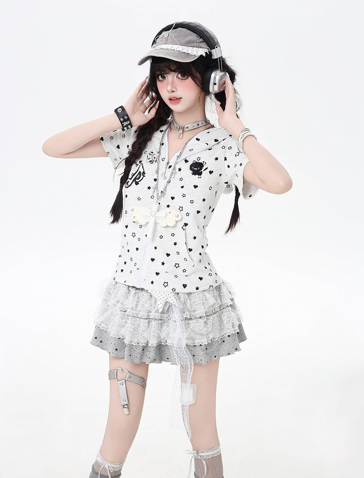 White/Black Y2K Star and Heart Print Zip-up Off Kitty Ears Hood Allover Jacket