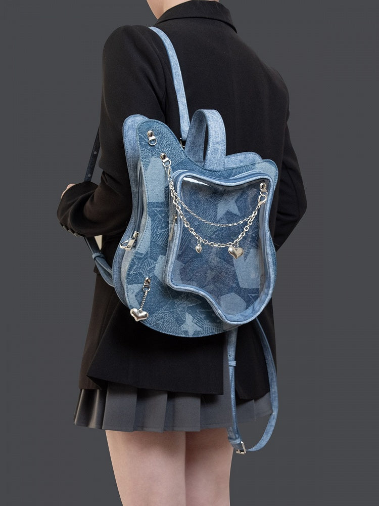 Heart Chain Accents Style Chic 2-Way Kawaii Blue Guitar-Shaped Ita Bag With Y2K