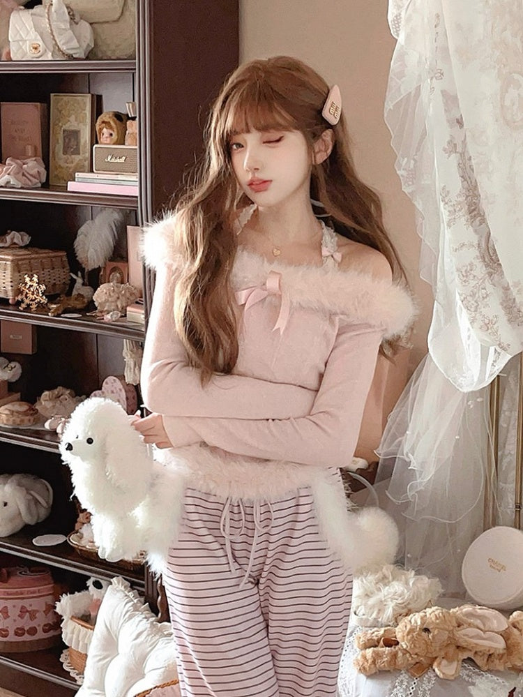Off-Shoulder Knit Top With Faux Fur Charming Bow Accent Pink