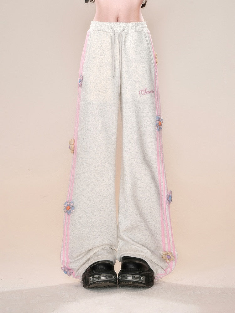 Design Straight-leg Floral Gray/Pink Cut Pants