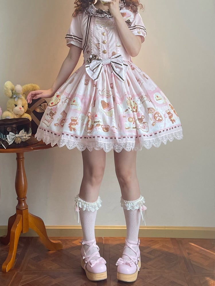 Two-pieces Theme Fake Desserts Bear Dress Pink Lolita Sweet Print Design