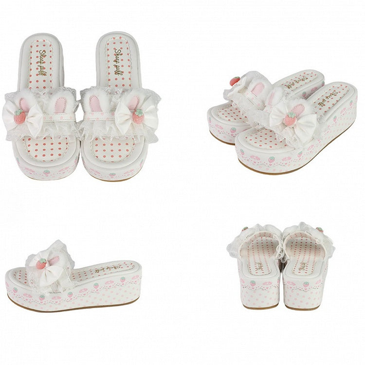 Trim Bow Platform Lolita Lace Accents Sweet White Ear Bunny Slippers Plush