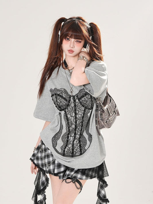 Gray Round Neck Lace Corset Design Loose T-Shirt