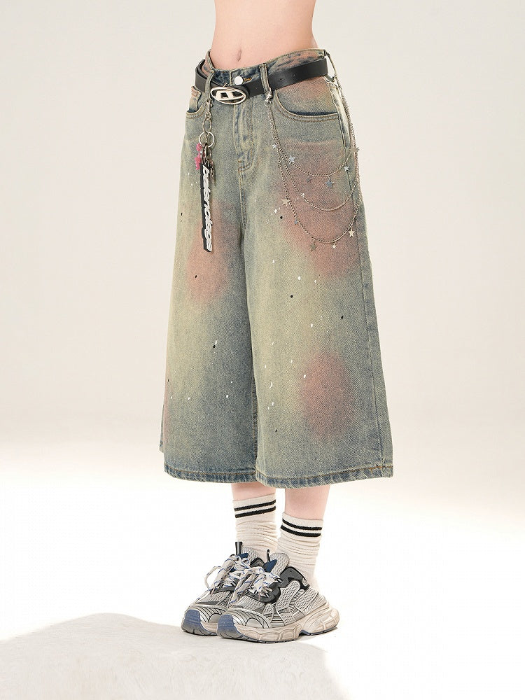 Blue Low Distressed Rise Sequin Details Straight-Leg Jeans