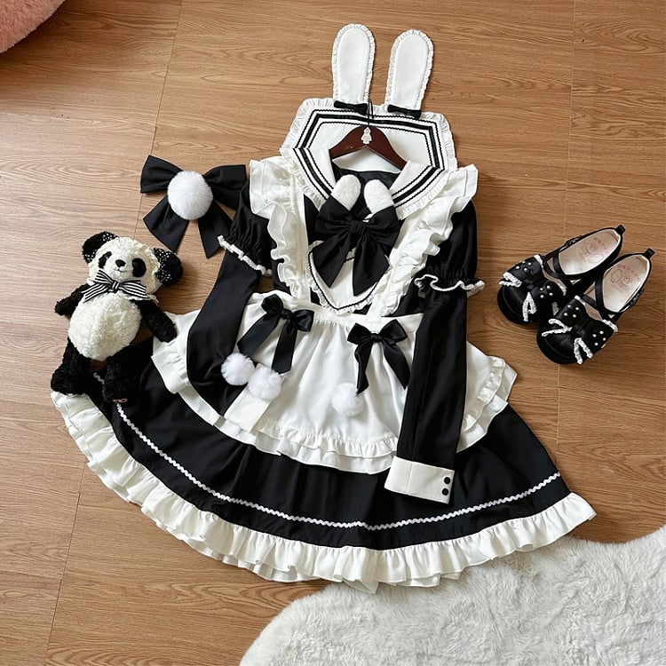 Sailor with Collar Ears Dress Apron Lolita Sleeves White Bunny Short Black Maid