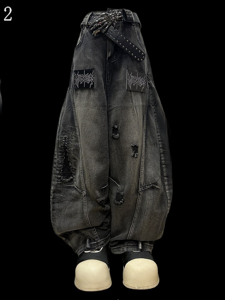 Buchstaben Jeans Löcher Details Schnitt Dunkel Distressed Grau Applikation Weites Bein