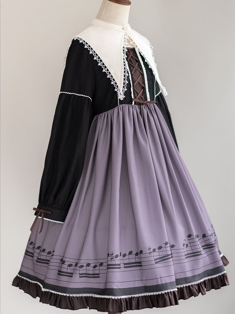 Robe Lolita d'automne violette à manches longues et col pointu séparé, motif notes de musique