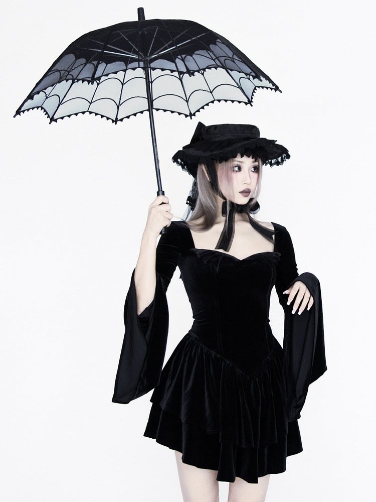 Gothic Black Velvet Bell Sleeves Tiered Skirt Witch Dress