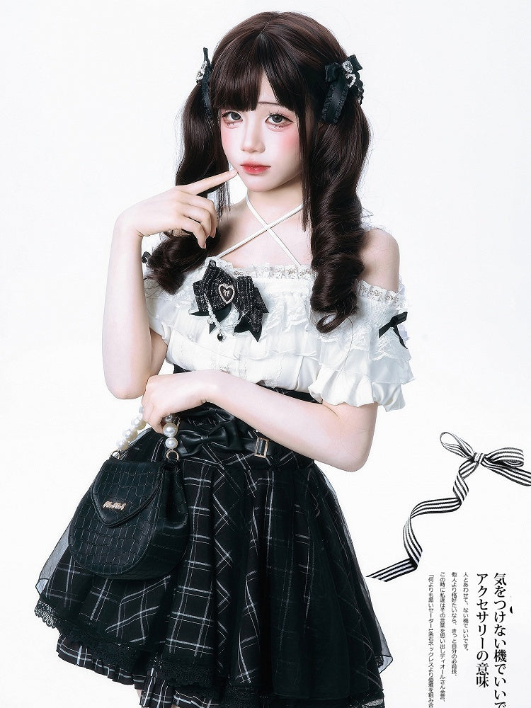 Black Bowknots White Off-the-shoulder Neckline Top Jirai Kei Style with