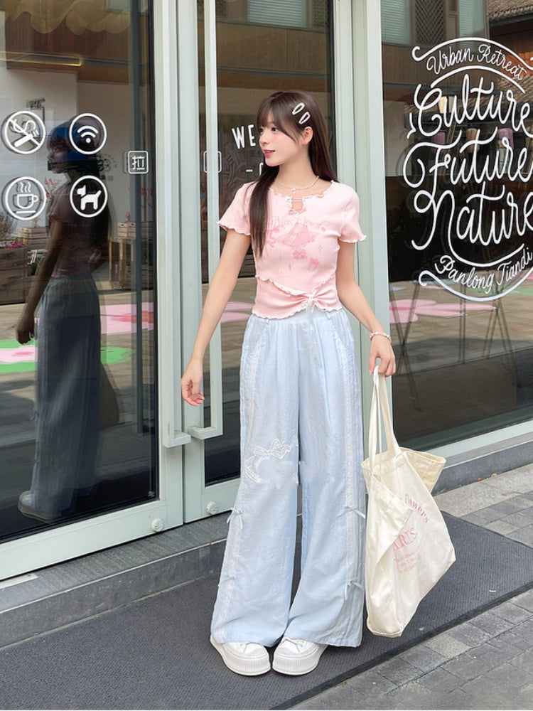 Version Regular/Short Blue Wide-Leg Pants Bowknot Embroidery High Waist