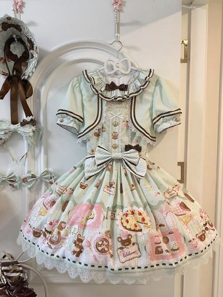 Green Sweet Mint Lolita Theme Desserts Two-pieces Print Dress Fake Design Bear