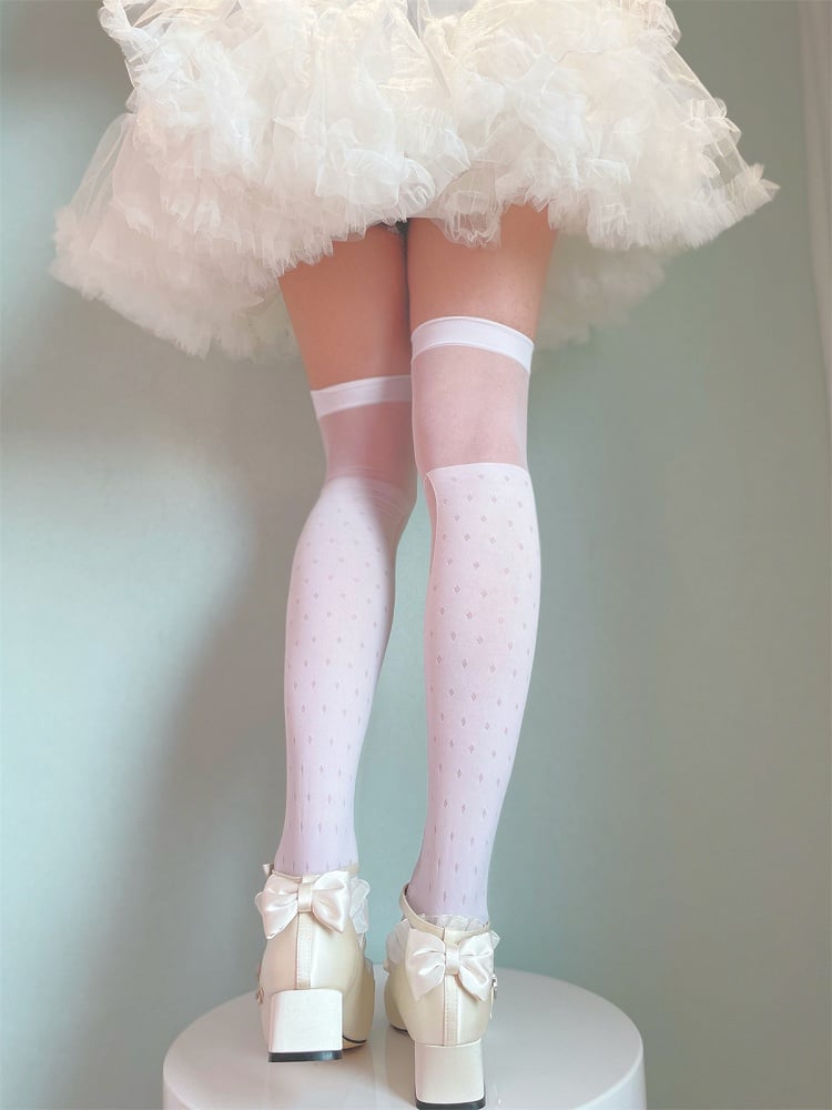 White/Black Bow Semi-sheer Cross and Wing Over Knee Stockings