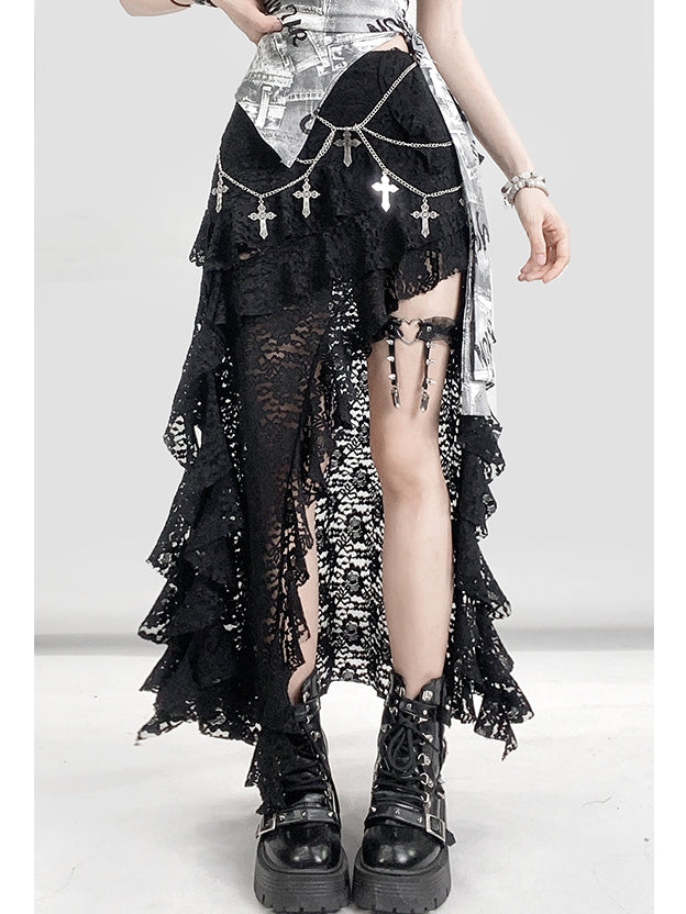 Slit Bittersweet Asymmetrical Glamorous Skirt Thigh-high Black Hem Lace