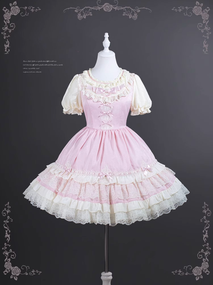 Süßes Lolita-Kleid mit Puffärmeln, Schleife, leichten Details, rosa OP, gestufter Spitzenbesatz