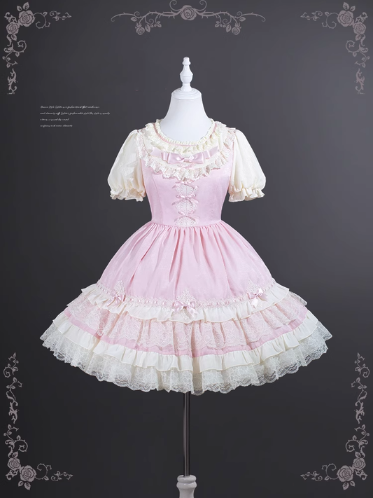 Sweet Lolita Dress Puff Sleeves Bowknot Light Details Pink OP Tiered Lace Trim